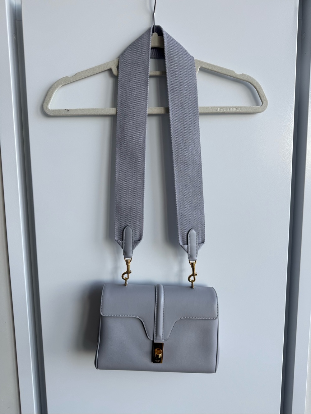 Celine Teen 16 Light Gray Leather Crossbody Bag with Wide Strap. Brand New